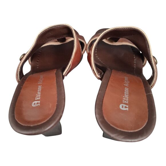 Etienne Aigner Diablo Slip On Sandals Brown Leather Heels Open Toe Stud Size 7M - Picture 15 of 15